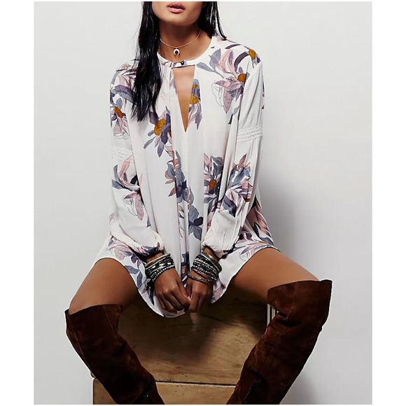 Free People Electric Orchid Print Swing Tunic in Cream, Size XS‎ - Picture 9 of 16